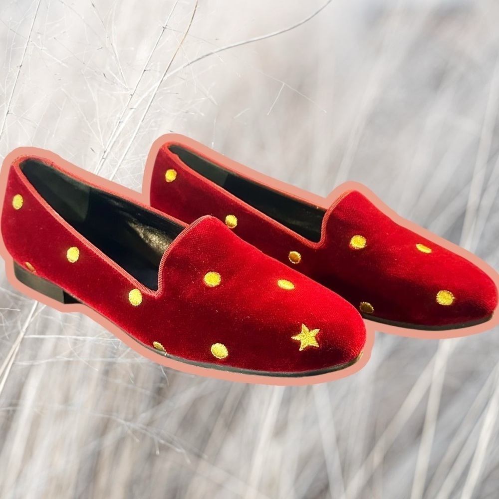 Jon Josef ‘G-Polka’ Velvet Loafer in Red & Gold Size 6.5